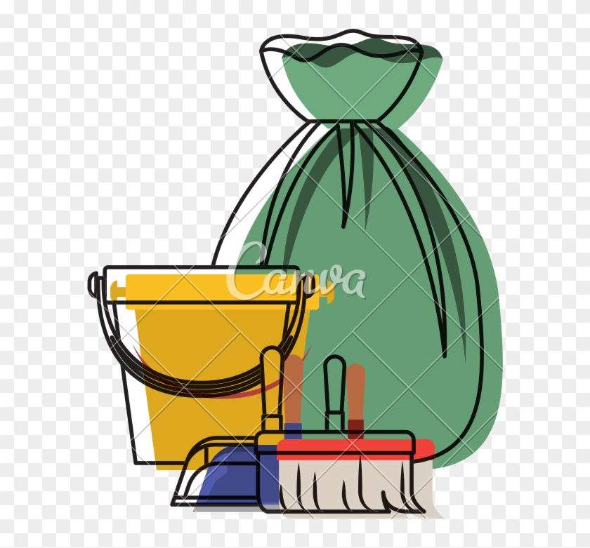 Bucket And Dustpan And Broom And Garbage Bag In Colorful - Illustration #1623236