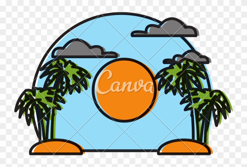 Palms On Sunset Landscape Vector Icon Illustration - Palms On Sunset Landscape Vector Icon Illustration #1626252