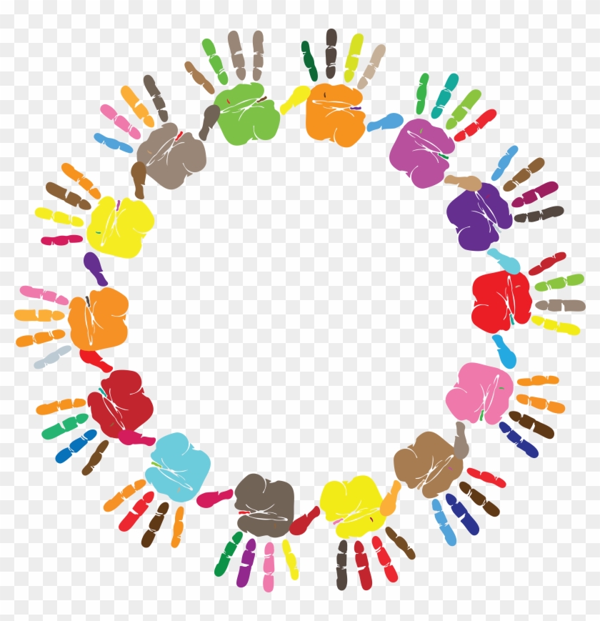 Free Clipart Of A Round Frame Of Handprints In Color - Handprint Circle Png #268046