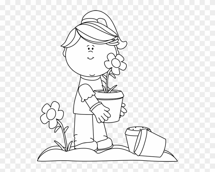 Black And White Girl Planting Flowers Clip Art Black - Plant Flowers Black And White Clipart #292252