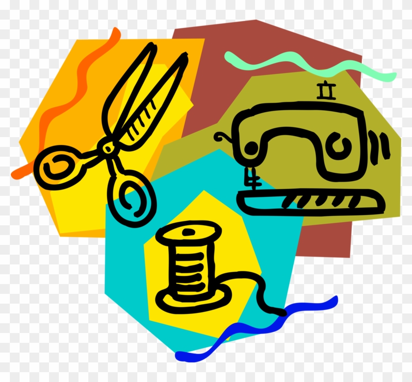 Vector Illustration Of Sewing Machine, Thread And Scissors - Vector Illustration Of Sewing Machine, Thread And Scissors #293927