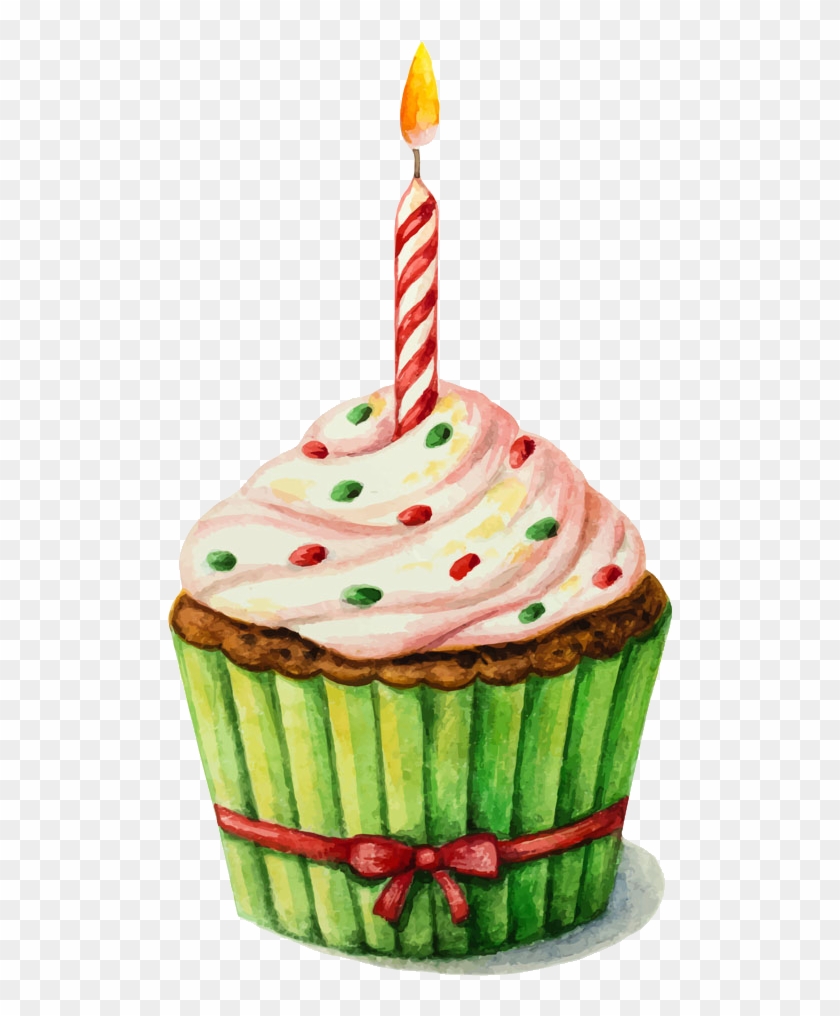 Birthday Cake Watercolor Painting Clip Art - Cupcake With A Candle #297086