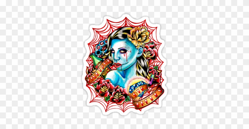 Traditional Zombie Girl With Roses Ans Banners On Net - Pendentif Bronze Cabochon - Gothic Wife ( 223 ) #305384