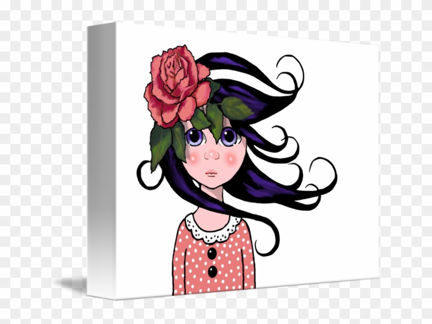Big-eyed Girl, Curly Hair, Rose, Surreal Art Large #342282