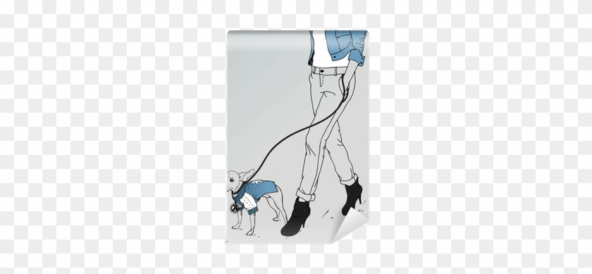 Vector Girl Walking Wih A Little Dog Wall Mural • Pixers® - Dog #353664