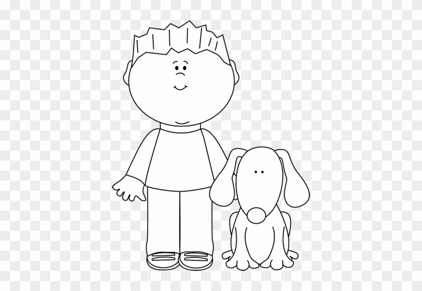 Black And White Boy With His Pet Dog Clip Art - Black And White Picture Of Pet #397540