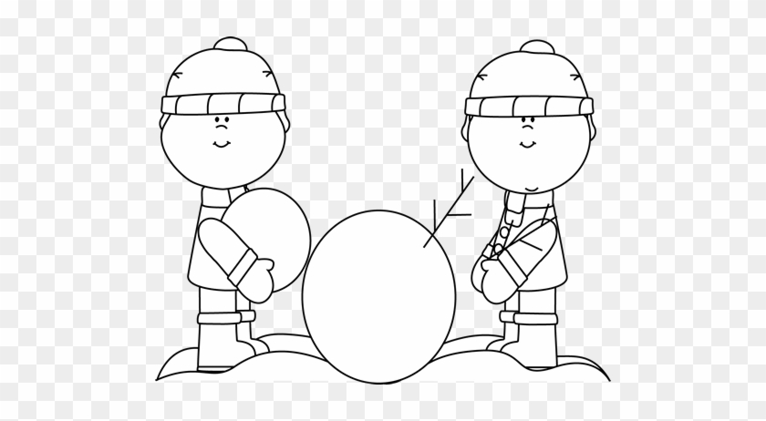 Black And White Kids Building A Snowman - Cute Winter Clip Art Black And White #397542