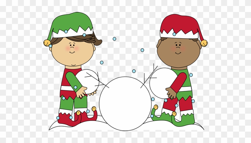 Christmas Elves Building A Snowman With Making A Snowman - Building Snowman Png #397671
