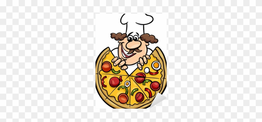 Italian Chef With Pizza Cartoon Illustration Sticker - Wall Vinyl Sticker Decals Mural Room Design Pattern #410323